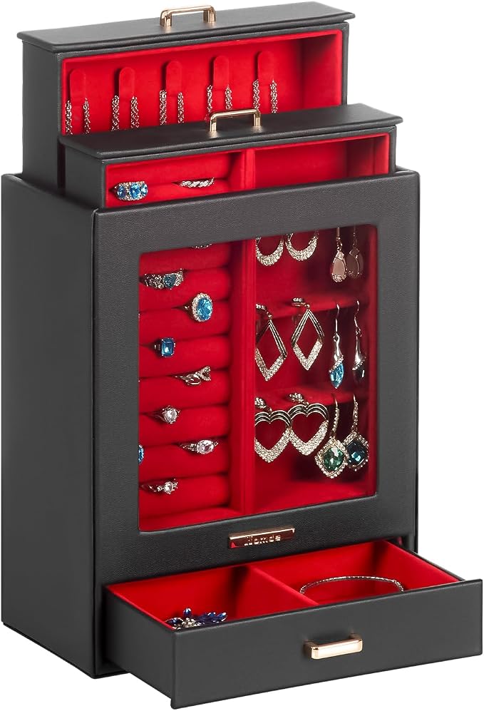 Homde Jewelry Organizer Girls Women Jewelry Box for Necklaces Rings Earrings Gift Bracelets Storage Case (Black + Red + Gold) by Homde