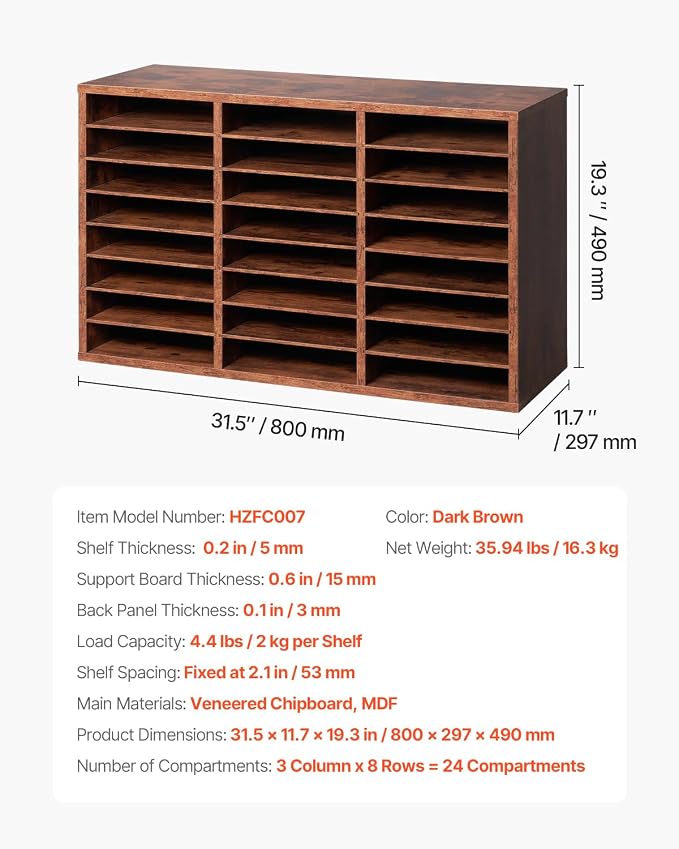 VEVOR Literature Organizer, 24 Compartments Office Mailbox with Removable Shelves, Wooden Mailbox Sorter Particle Board Office Home Classroom Storage, File Sorter for Documents, Papers, Dark Brown - Image 3