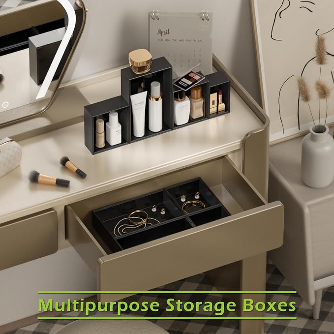 Bathroom Drawer Organizer Trays, Bamboo Drawer Organizer Kitchen Utensils Silverware Organizer, 8 PCS Wood Box Stackable Bins for Makeup, Office Desk, Junk Drawer (Black) - Image 3