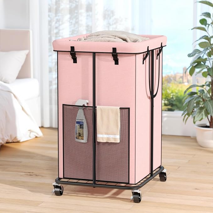 150L Laundry Hamper with Wheels, Rolling Laundry Basket with Metal Frame and Removable Bag, Large & Tall Dirty Clothes Hampers for Bedroom Aesthetic, Laundry Room, Bathroom, Dorm-Pink by OLLDIDE