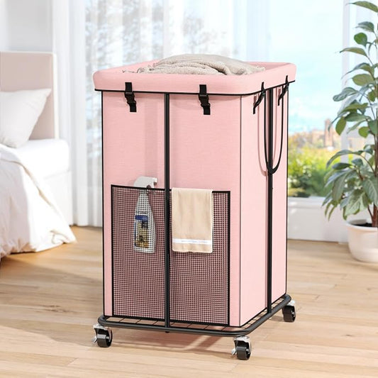 150L Laundry Hamper with Wheels, Rolling Laundry Basket with Metal Frame and Removable Bag, Large & Tall Dirty Clothes Hampers for Bedroom Aesthetic, Laundry Room, Bathroom, Dorm-Pink by OLLDIDE