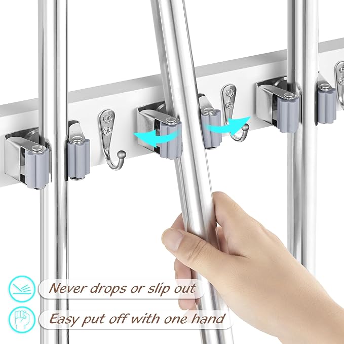 OUTNILI Mop and Broom Holder Wall Mount - White Broom Mop Hanger - Wall Mounted Garden Tool Rack Organizer for Closet Garage Laundry Room Kitchen Decor With 5 Slots & 4 Hooks - Image 2