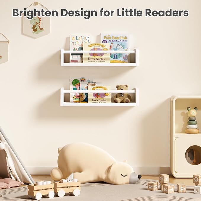 upsimples 2 Pack Nursery Book Shelves, 15.7 Inch Floating Bookshelves for Wall, Baby Nursery Decor, Small Solid Wood Wall Mounted Shelves for Baby Kids Boys Girls, White - Image 7