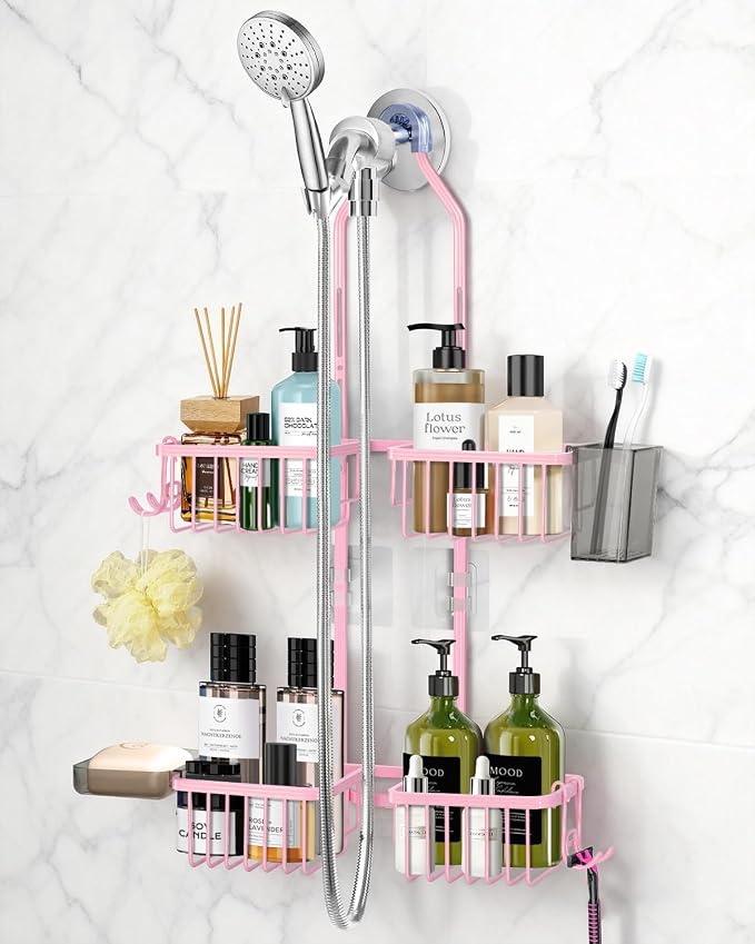 Adjustable Shower Caddy Hanging for Handheld Showerheads - Never Rust Shower Hanging Organizer, Upgraded Bathroom Shower Rack with Soap Basket, Hooks and Toothbrush Holder (Pink) by MSAICOE