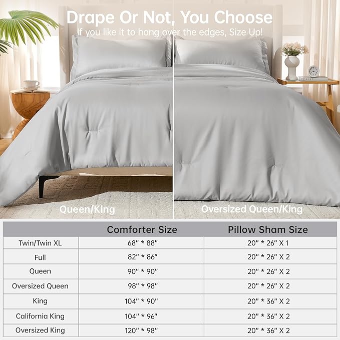 MUXHOMO King Size Comforter Set, All Season Ultra Soft Down Alternative Bedding - 3 Piece Lightweight Bed Set Includes 1 Comforter (104"x90") and 2 Pillow Shams (20"x36"), Light Grey