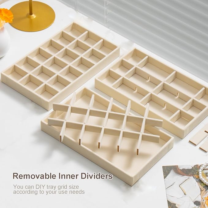 SPAKOWN Jewelry Drawer Organizer Inserts Set of 9, Jewelry Trays for Drawers Velvet Jewelry Organizer Tray Drawer Jewelry Organizers and Storage for Earring Ring Necklace Watch Bracelet (Beige) - Image 4
