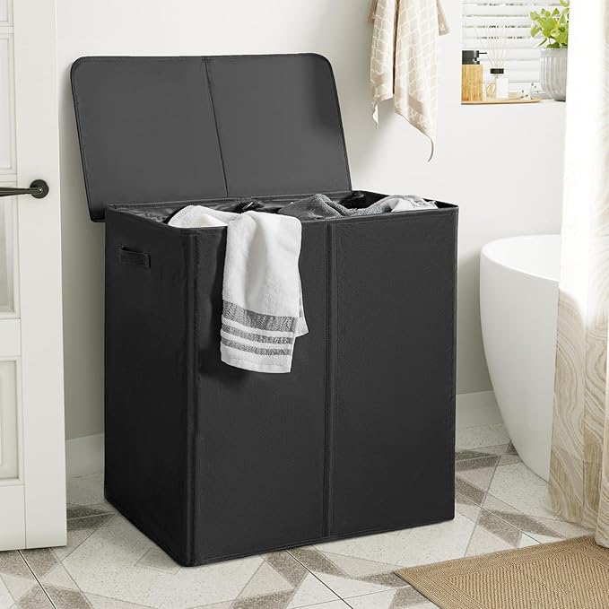 WOWLIVE 180L Double Laundry Hamper with Lid and Removable Laundry Bags, Large Dirty Clothes Hamper 2 section Collapsible Laundry Basket Dorm Room Storage for Bedroom, Bathroom, College,Black - Image 3