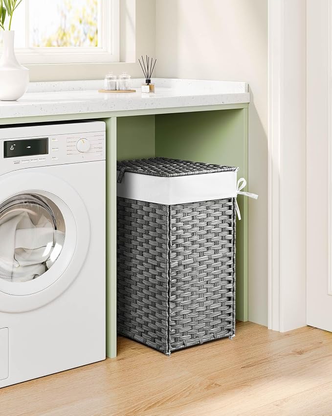 Greenstell Laundry Hamper with Lid, 125L Laundry Basket with 2 Removable Liner Bags & 2 Mesh Bags, Handwoven Synthetic Rattan Clothes Hamper for Clothes, Toys in Bathroom, Bedroom, Foldable, Grey - Image 8