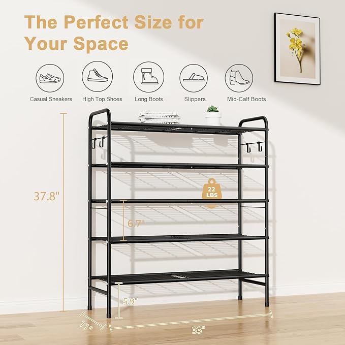VILICK 5 Tier Shoe Rack 33" Wide Metal Shoe Organizer Long Shoe Storage with 4 Side Hooks Sturdy Shoes Shelf for Closet, Front Door Entrance, Garage, Dorm, Black - Image 3