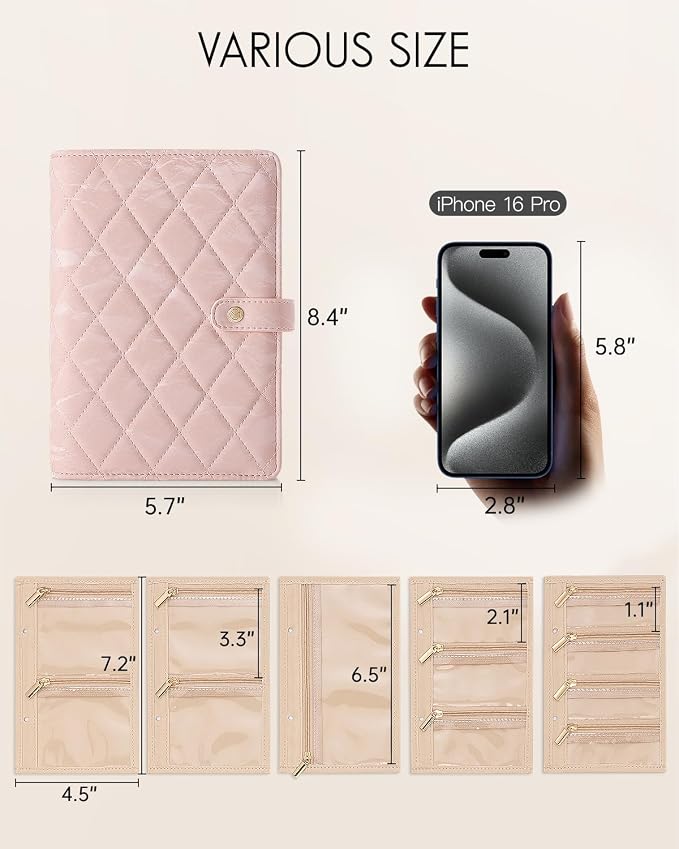 VLANDO Travel Jewelry Organizer Case,Jewelry Storage Book Ring Binder with Clear Zipper Velvet Pouch Bag for Travel Essentials,Rings,Necklace,Earrings,Bracelets,Brooches,Gifts for Women-Sand Pink - Image 3