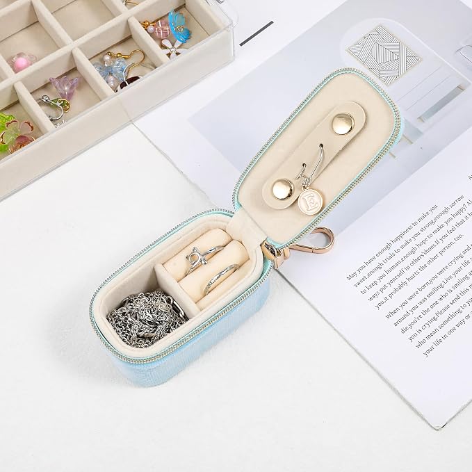 Travel Jewelry Case Velvet Travel Jewelry Box with Keychain 2-in-1 Ring Holder Keychain Small Jewelrys Organizer Case for Women, Portable Mini Storage Clutch for Earrings, Necklaces - Image 5