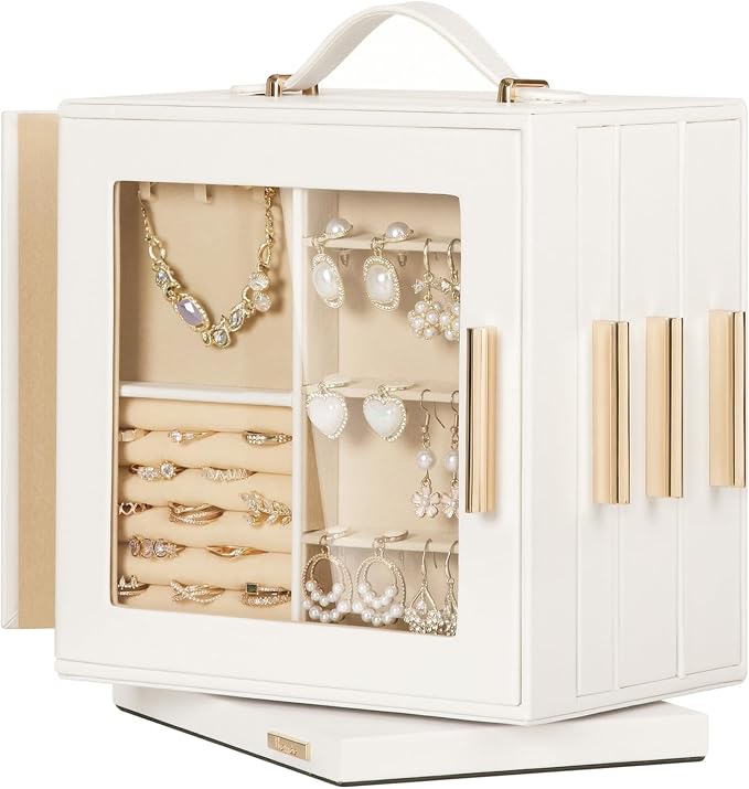 Homde Mothers Day Gifts Jewelry Box 360° Rotating, Necklace Earring Organizer with Transparent Window, Mirror, 7 Drawers, Large Ring Display Storage Case for Girls Women (White) by Homde