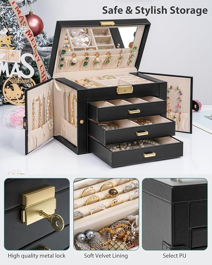 AKOZLIN Large 4-Tier Jewelry Box Leather Jewelry Storage Organizer with 3 Drawers Lockable for Women Girls Ring Necklace Earring Bracelet Watches Holder with Mirror Black - Image 5