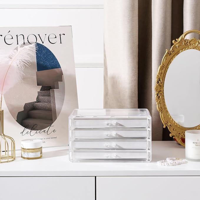 Lolalet Earring Holder Organizer Box Jewelry Storage with 4 Drawers, Clear Acrylic Stackable Earring Case with Adjustable Velvet Trays for Women on Dresser Vanity -Warmwhite, 4 Layers - Image 4