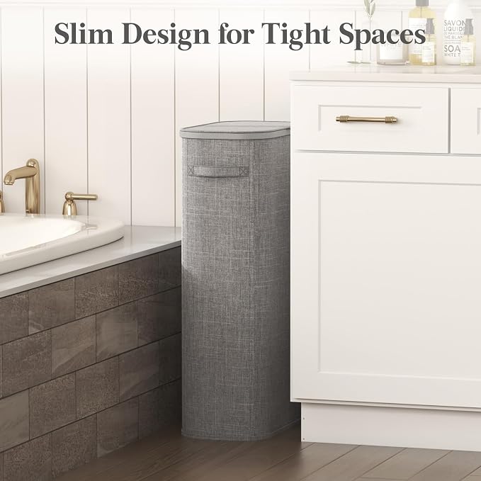 Lifewit Slim Laundry Basket with Lid, Narrow Large Laundry Hamper with Plastic Handles and Removable Bag, Tall Foldable Dirty Clothes Hampers for Laundry Room, Bedroom, Bathroom, Dorm, 75L Gray - Image 2