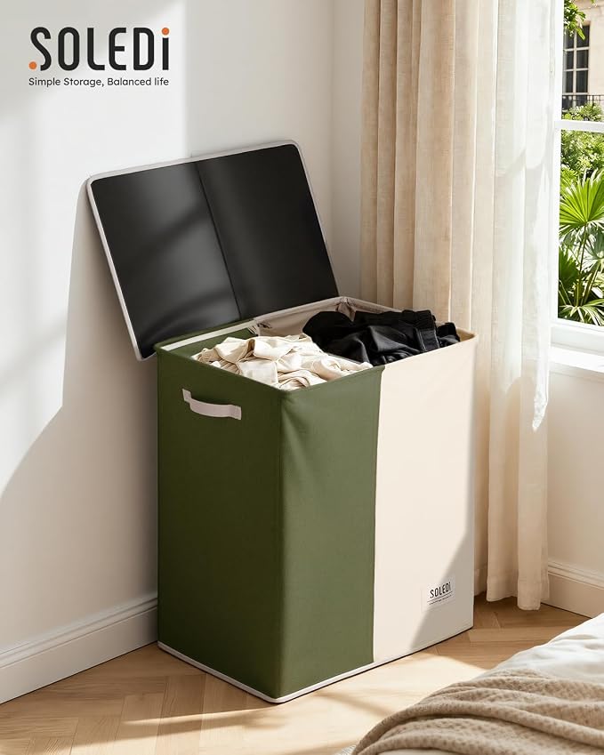 SOLEDI Large Double Laundry Hamper with Lid, Collapsible Clothes Hamper 2 section with Removable Bags, Space-Saving Laundry Basket for Bedroom, Dorm, College - Image 8