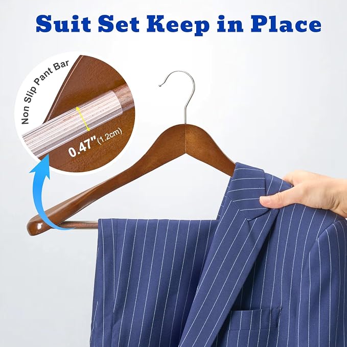 HOUSE DAY Wide Shoulder Wooden Hangers, Suit Hangers with Non Slip Pants Bar, Smooth Finish 360° Swivel Hook Solid Wood Coat Hangers for Dress, Jacket, Pants, Heavy Clothes Hangers 6 Pack (Walnut) - Image 4