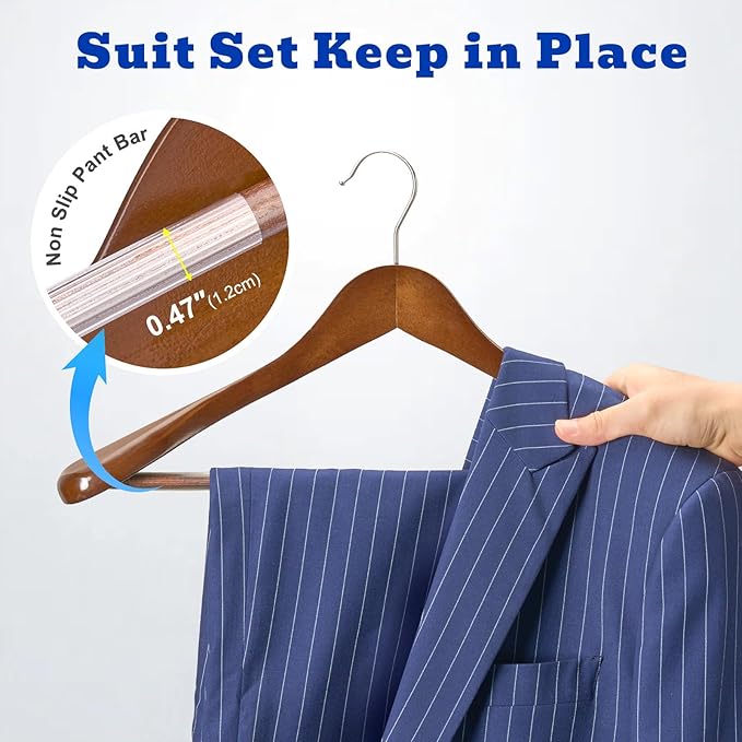 HOUSE DAY Wood Suit Hangers for Men, Smooth Wide Shoulder Wooden Hanger with Non Slip Pant Holder, Wide Hangers for Suits, Coats, Jackets, Heavy Wide Clothes Hanger 2 Pack, Walnut - Image 4