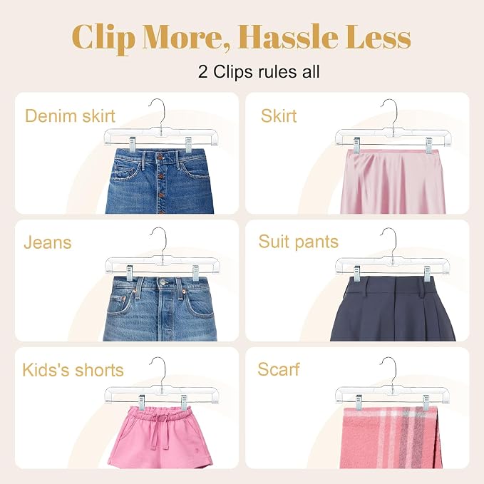 HOUSE DAY 12 Pack 14 inch Clear Plastic Skirt Hangers with Adjustable Clips, Pants Hangers 360-Rotating Swivel Hook, Clip Hangers for Pants, Trousers, Skirts, Jeans, Bulk Plastic Hangers - Image 6