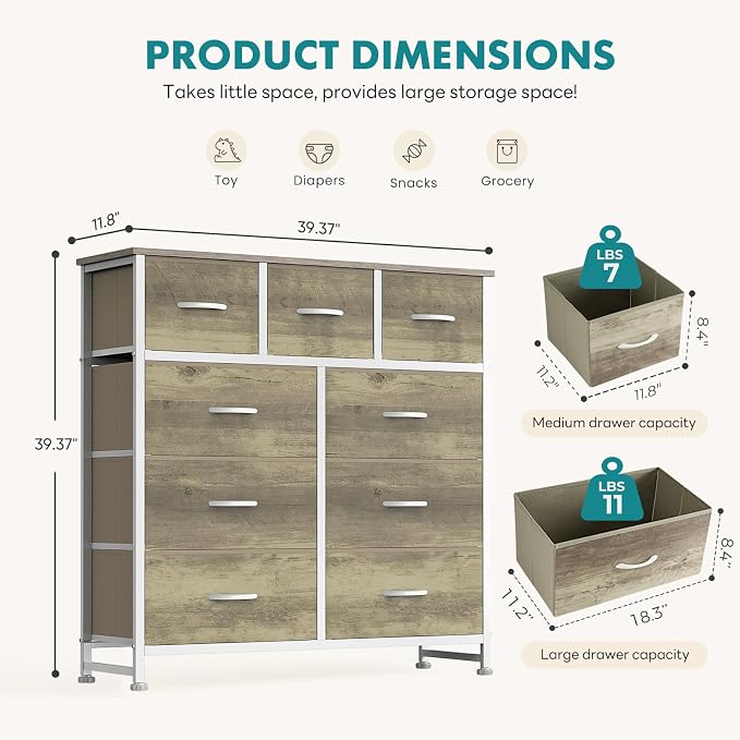 OLIXIS 9 Drawer Storage Dresser with Wood Top - Wide Fabric Chest Organizer for Bedroom, Closet, Living Room,Tower Cabinet, TV Stand, Hallway Entryway Furniture,Oak Greige - Image 3