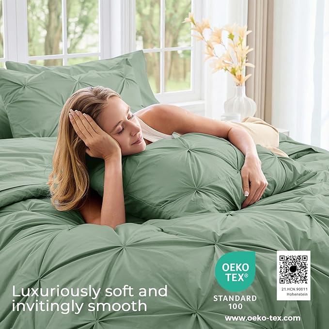 Sasttie King Size Comforter Set, 7-Piece Bed in a Bag, Pintuck Bedding Set for All Season, Includes Comforter, Flat Sheet, Fitted Sheet, Pillowcases and Pillowshams, Sage Green