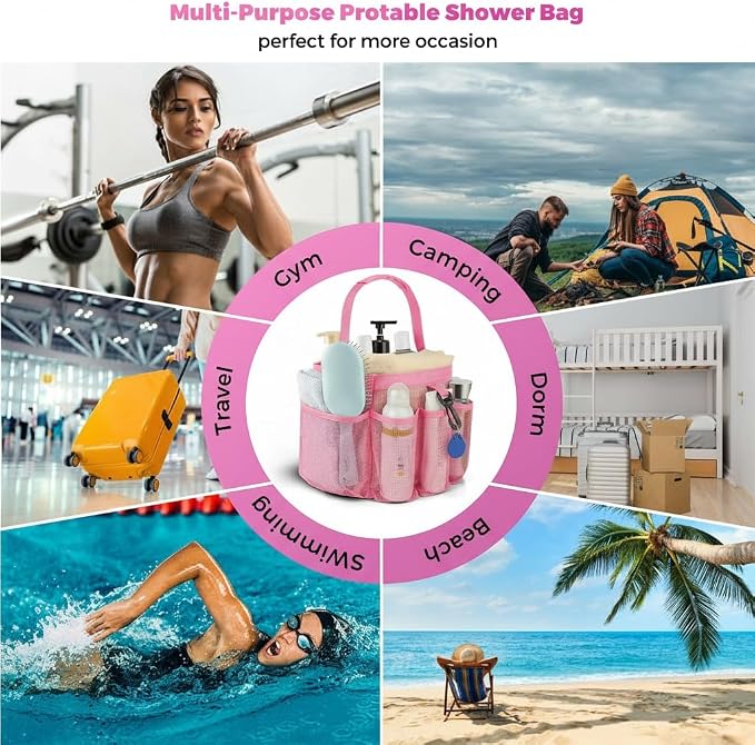Mesh Shower Caddy Portable for College Dorm Room Essentials,Hanging Shower Caddy Dorm Basket with 8 Pockets,Quick Dry Shower Bag for Bathroom,Beach,Swimming,Gym (Light Pink) - Image 7