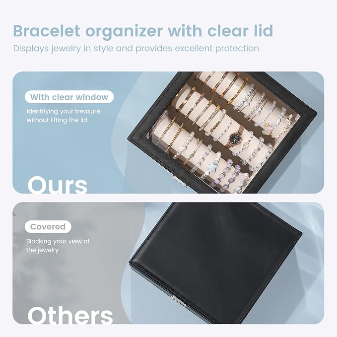 Lolalet Bracelet Display Holder with Rods for Bangles Watches, Clear Lid Jewelry Organizer Box Storage Case for Mothers Day Gifts -Black, 3 Rolls - Image 4