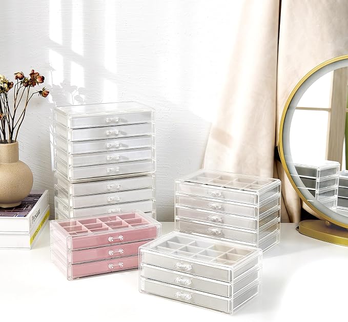 ProCase Earring Holder Organizer Jewelry Box with 10 Drawers, Acrylic Clear Earring Case with Adjustable Velvet Trays for Women - Pink, 10 Layers - Image 5