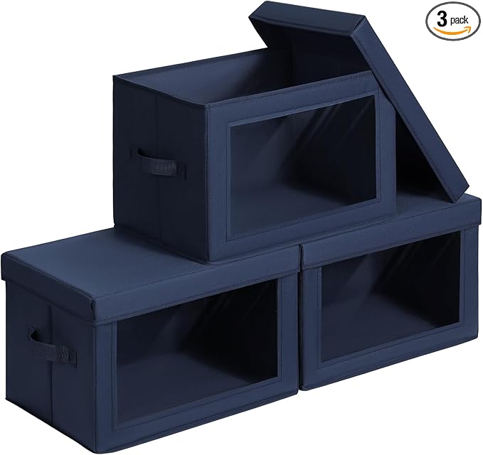 Homsorout Foldable Storage Boxes with Clear Window - Clothes Organizers and Storage, Decorative Bins with Lid, Fabric Storage Cube, Storage Baskets for shelves, Yarn, Home, Navy blue, 3 Pack by Homsorout