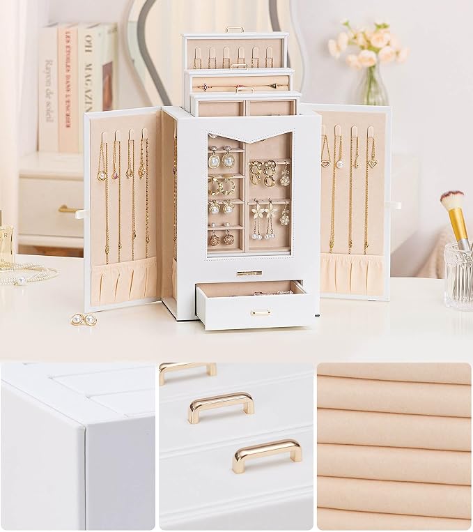Homde Jewelry Organizer with Transparent Window Necklace Hooks Gift for Women Jewelry Box Display Case for Necklaces Rings Earrings Bracelets and Other Jewelry Accessories (White + Gold) - Image 7