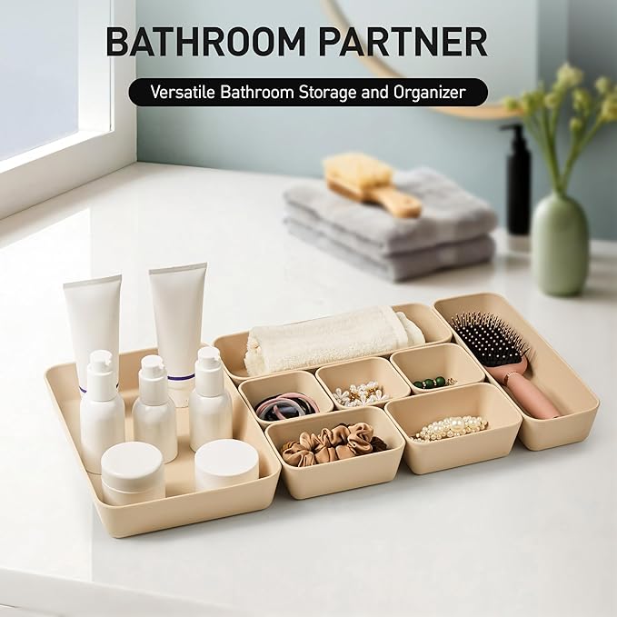 ISSEVE 8Pcs Nesting Silicone Drawer Organizer Trays, 4 Size Versatile Vanity Bathroom & Desk Drawer Organizer Set Storage Bins for Office,Kitchen,Nightstand,Beige - Image 4