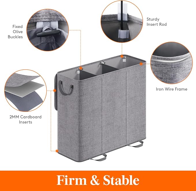 Lifewit Triple Laundry Hamper with Lid and Removable Laundry Bags, Large Collapsible 3 Dividers Dirty Clothes Basket with Handles for Bedroom Laundry Room Closet Bathroom College, 185L Gray - Image 3