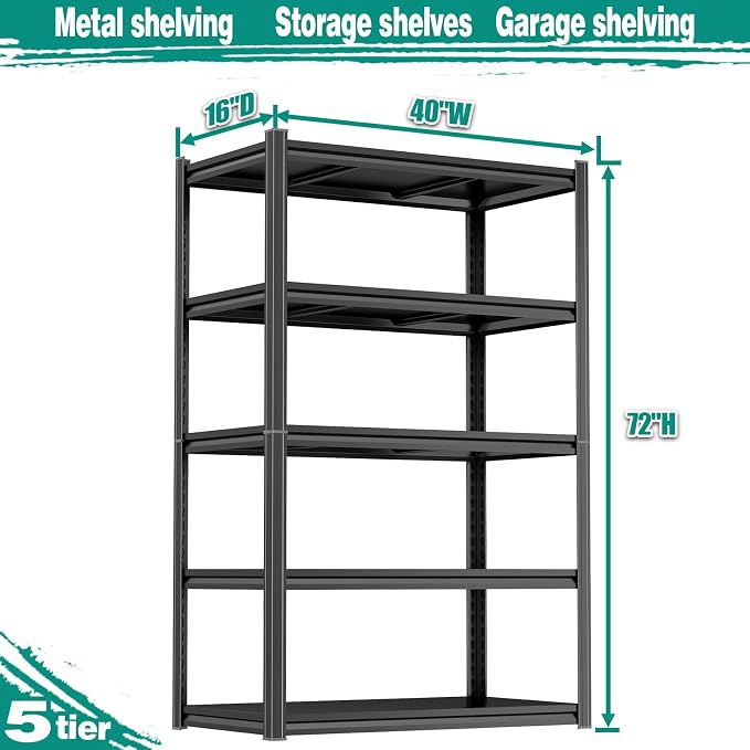 PRESTELION 72" H Storage Shelves Heavy Duty Garage Shelving Unit 5 Tier Metal Shelving Adjustable Storage Rack for Basement, Warehouse, Pantry, Closet, Kitchen 72" H x 40" W x 15.8" D, Black - Image 3