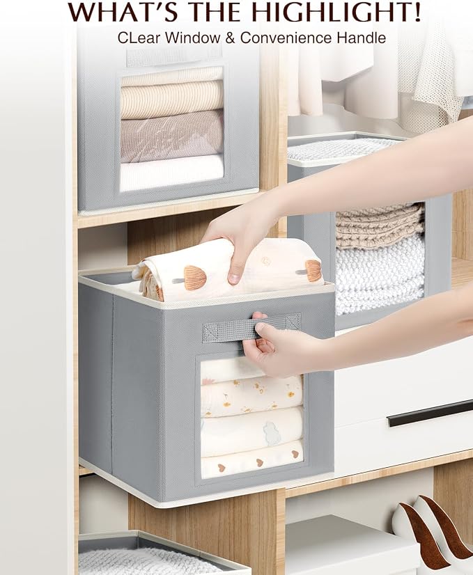 Homsorout Storage Cube 11 Inch - Cube Storage Bins with Window, Closet Storage Baskets with Handle, Fabric Bins for Closet, Shelves, Toys, Clothes, Set of 14, Grey - Image 9