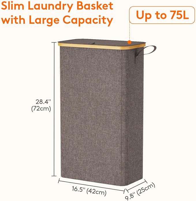 Lifewit 75L Slim Laundry Hamper with Lid, Narrow Laundry Basket with Removable Bag & Bamboo Handles, Fodable Thin Dirty Clothes Hamper for Laundry Collapsible Bin for Bathroom Bedroom Dorm, Brown - Image 3