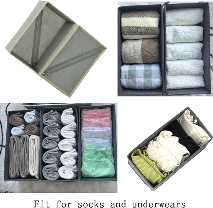 Bructhun Sock Drawer Organizer 3 Pack - Foldable Fabric Storage Bins for Underwear Divider, Small Closet Organizers with 3 Compartments, Light Gray - Image 7