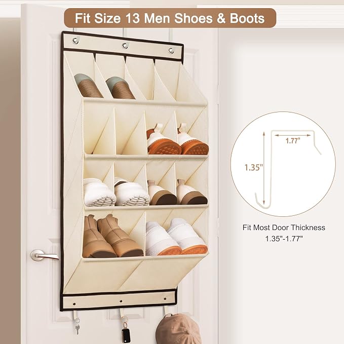 FENTEC 2 Pack Over the Door Shoe Organizer, Hanging Shoe Organizer, 28 Large Deep Pockets Door Shoe Rack with 6 Hooks Shoe Organizer for Shoes, Sneakers, and Home Accessories, Beige - Image 4
