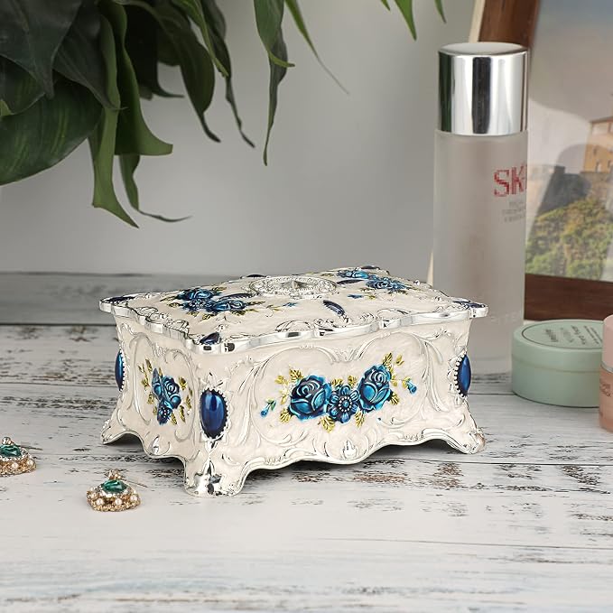 Hipiwe Vintage Metal Jewelry Box Trinket Organizer Box Jewelry Organizer for Women Jewelry Display Home Decor Unique Gift Silvery Medium - Image 4