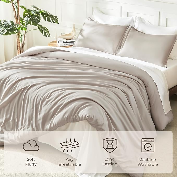 Litanika Deep Linen Grey Super King Plus Comforter Set, 3 Pieces Lightweight Solid Super King Plus Bedding Comforter Set, All Season Fluffy Bed Set (1 Comforter & 2 Pillowcases)