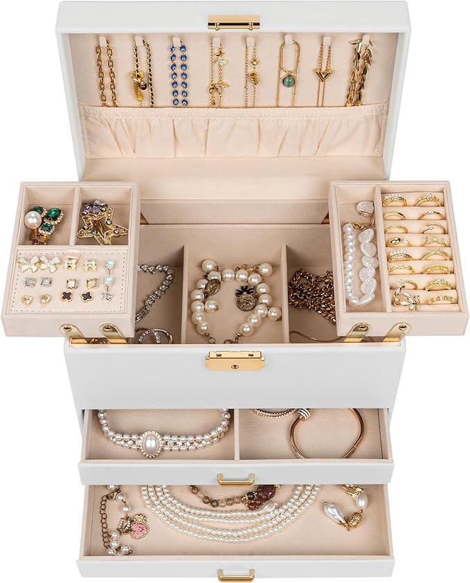 AKOZLIN Travel Jewelry Box Organizer Functional 2-trays Leather Jewelry Storage Case with Lockable Portable 2 Drawers for Women Girls Ring Necklace Earring Bracelet - Image 2