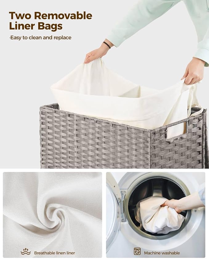 Greenstell Laundry Hamper with Wheels, No Install Needed, 90L Divided Handwoven Hampers & 2 Removable Liner Bags, Rattan Clothes Laundry Basket with Lid & Handles, Foldable Hampers Gray 18x13x26.4 In - Image 4