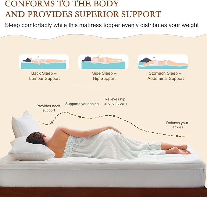 YOUR MOON 100% Organic Wool Mattress Topper Queen Size – Thick Pillow Top Mattress Pad, 800GSM Natural Wool Filling, Back Pain Relief Bed Topper with Cotton Cover-16'' Depth, 60"x80" (Pearl White)