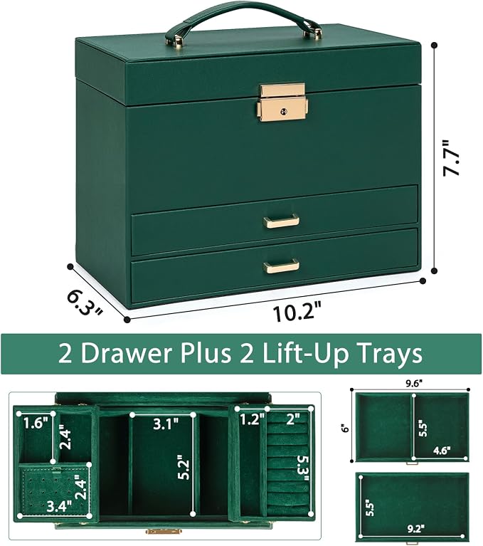 AKOZLIN Travel Jewelry Box Organizer Functional 2-trays Leather Jewelry Storage Case with Lockable Portable 2 Drawers for Women Girls Ring Necklace Earring Bracelet - Image 5