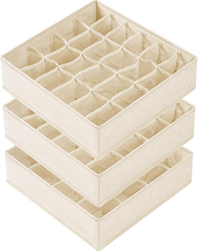 Criusia 3 Pack Sock Underwear Drawer Organizer Dividers, 64 Cell Fabric Foldable Cabinet Dresser Closet Organizers and Storage Boxes for Organizing Socks, Underwear, Ties (16+24+24 Cell, Beige) by Criusia