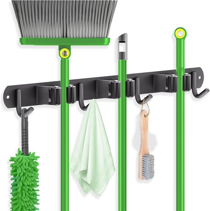 ZONGOOL Mop and Broom Holder Wall Mount, Broom Organizer Mop and Broom Storage Tool Racks Stainless Steel Wall Hanger for Home Kitchen Garden Laundry Garage (3 Racks with 4 Hooks, Black) by ZONGOOLHouseware