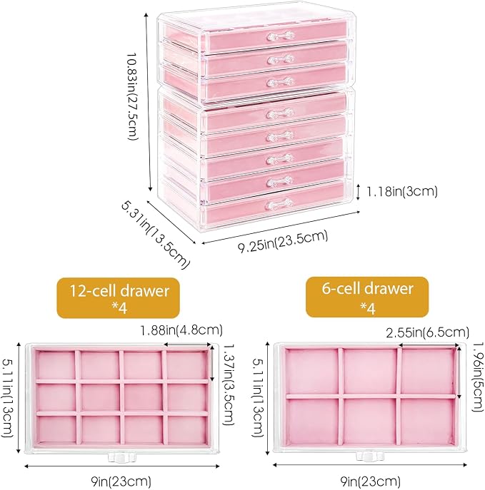 ProCase Earring Holder Organizer Jewelry Box with 8 Drawers, Acrylic Clear Earring Case with Adjustable Velvet Trays for Women - Pink, 8 Layers - Image 4