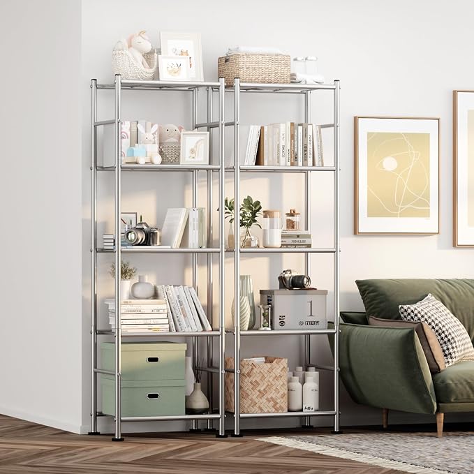 Sakugi Storage Shelves - Set of 2, 5-Tier Metal Shelf Organizer, Space-Saving Garage Shelving with Leveling Feet, Standing Shelves Organizer for Kitchen, Laundry, Pantry (18.4"x12.6"x57.4", Silver) - Image 2