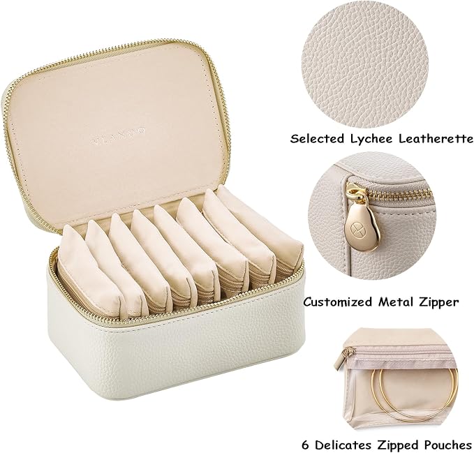 VLANDO Travel Jewelry Box Organizer – Portable PU Leather Jewelry Case with 6/8/12 Zippered Pouches, Compact Storage for Earrings Rings Necklaces Bracelets, Offwhite - Image 7