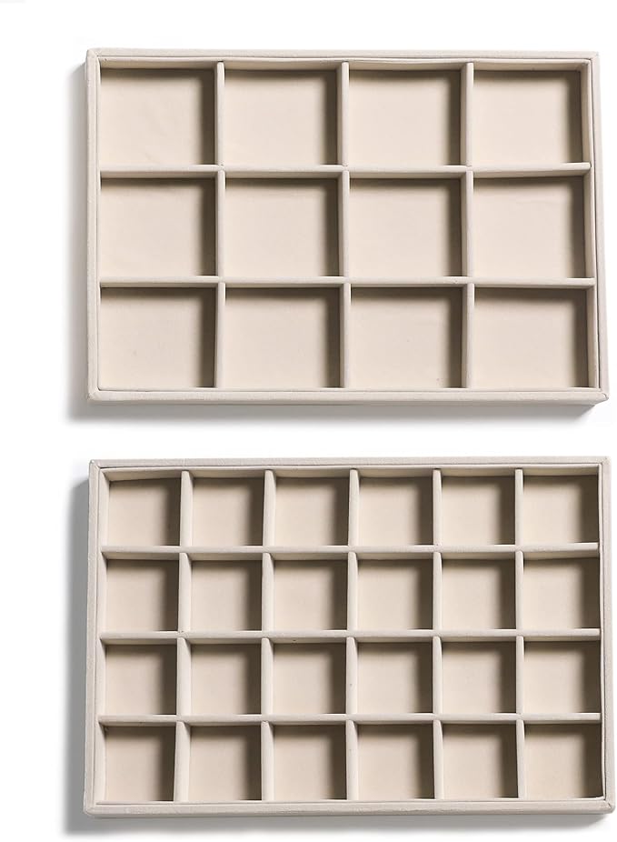 Frebeauty Stackable Velvet Jewelry Organizer Trays for Drawers Inserts Jewelry Storage Tray Display Case, Stud Earrings Bracelets Necklace Rings Accessories Trays for Women Girls(Set of 2 Beige) by Frebeauty