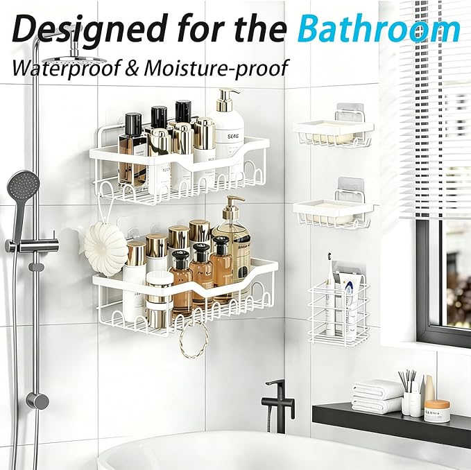Fammart Adhesive Shower Caddy, 5-Pack Rustproof Stainless Steel Bathroom Organizer with 28 Hooks, No-Drill Large Capacity Shower Shelves for Bathroom Storage & Home Décor, White - Image 3